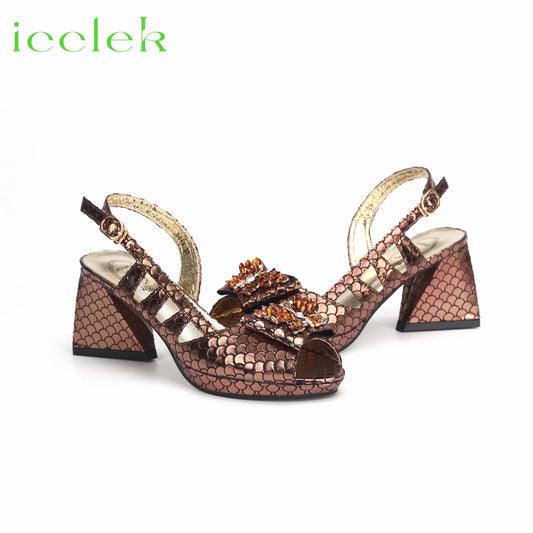 Italian Hollow Design Shoes Matching Bag in Coffee Color Comfortable Heels Ladies Sandals for Party