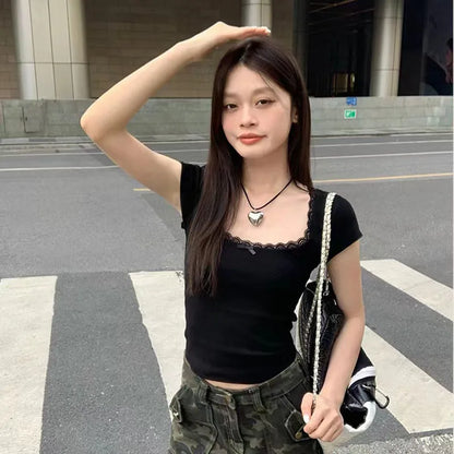 Y2k Lace Patchwork Crop T-shirt Women Vintage Streetwear Sexy Slim U Neck Tops Female Harajuku Korean Bow Chic Bottoming Tees
