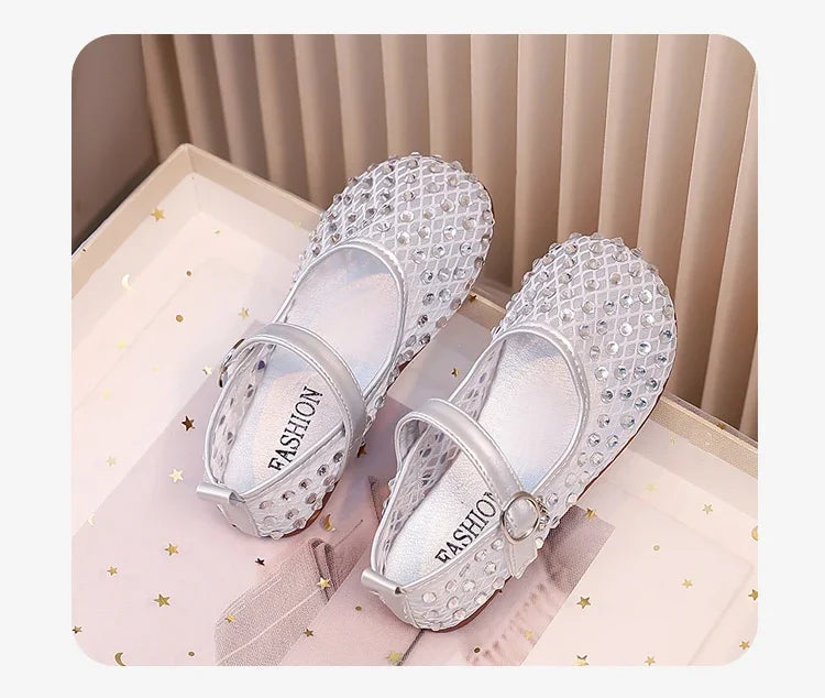 Summer Quick-Dry Mesh Kids Sandals for Girls Witn Sparkly Sequins Non-Slip Sole Cuts-outs Toddler Flats Beach Shoes Daily Wear