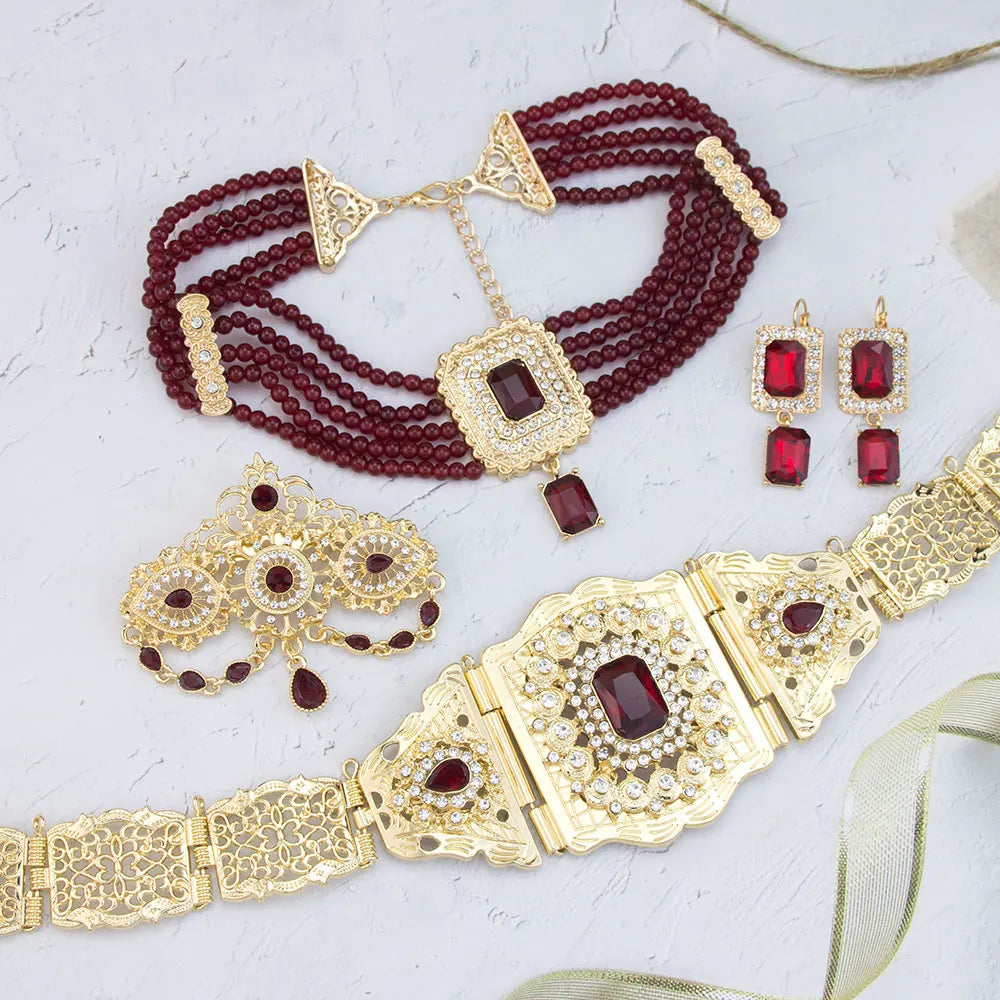 Chic Moroccan Bridal Jewelry Women Caftan Belt Waist Chain Bead Choker Necklace Crystal Earring Brooch Pin Gold Color