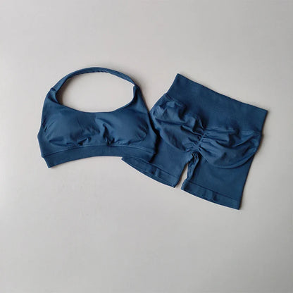 Sexy Halter Neck Beautiful Back High Waist Peach Sports Bras Shorts Suit Pilates Gathering Yoga Vest Training Fitness Bra Sets