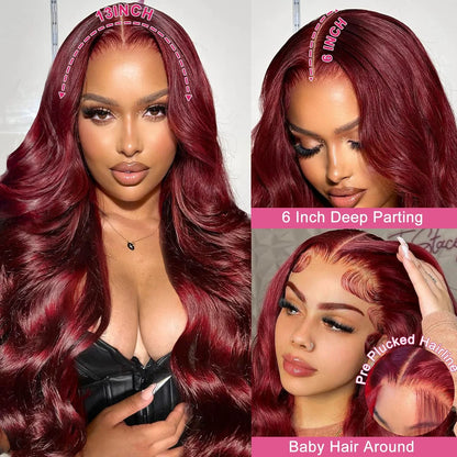 30 Inch 99J Burgundy Lace Front Wigs Human Hair 13x6 HD Transparent Body Wave Lace Front Human Hair Wig For Black Women
