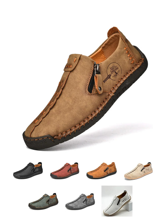 Mocassins Masculinos Vintage Feitos à Mão, Sapatos Casuais Estilosos com Zíper Lateral, Sapatilhas para Uso Diário Todas as Estações, Sapatos Masculinos Confortáveis de Tamanho Grande