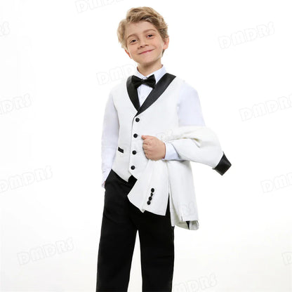24H Ship White Formal Kids Suit Set, 4 Pieces Suits For Boys From 3-14 Years, Wedding Tuxedo For Kids Ring Bear