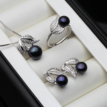 Real Pearl  ring Necklace Earrings For Women,Natural Freshwater White Pearl Jewelry Set 925 Sterling Silver Jewelry Sets Gift