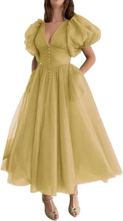 Puffy Sleeve Prom Dresses for Women Dotted Tulle V Neck Formal Evening Party Gowns Tea Length Formal Dress Women Elegant