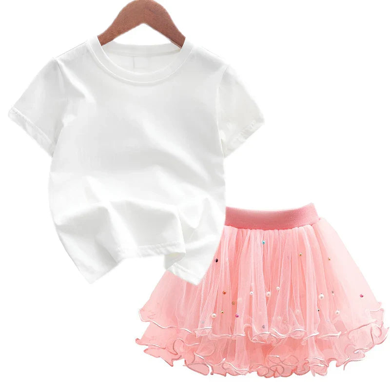 2Pcs/Set Girl Dress Kid Birthday Clothes Party Princess Dress Cartoon T-shirt+Tutu Skirt Summer Evening Christmas Gift