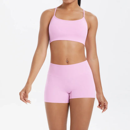 2PCS Yoga Clothes  Halter Yoga Top Set Fitness Gym Suit Crossover Back Sports Underwear Workout Gym Shorts Fitness High Waist