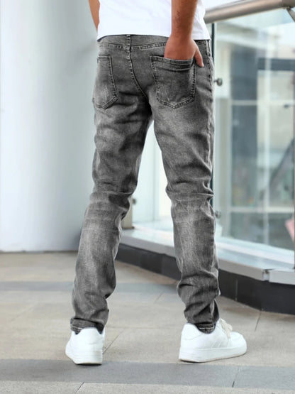 1pc Men'S Casual Slim Fit Stretch Jeans, Chic Street Style Distressed Denim Pants