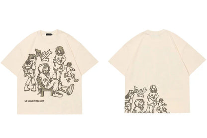 Harajuku Cartoon Girl Cat Japanese Kanji Graphic T Shirt Streetwear Men T-Shirt Summer Short Sleeve Tshirt Tops Tees Unisex