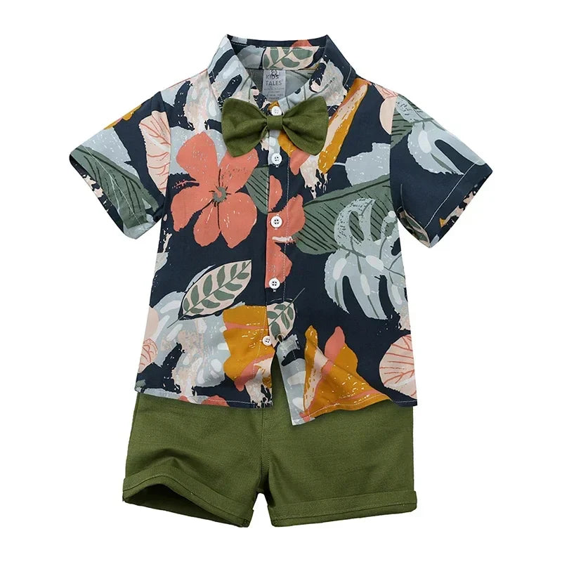 Toddler Baby Boys Sets Summer Hawaiian Outfit Infant Kids Floral Print Short Sleeve Shirt Bowtie Shirt+Shorts Gentleman Suits