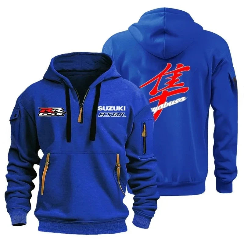 Men's casual street outdoor sports motorcycle multi-pocket sweatshirt, half-hooded sweatshirt, running and fitness sports