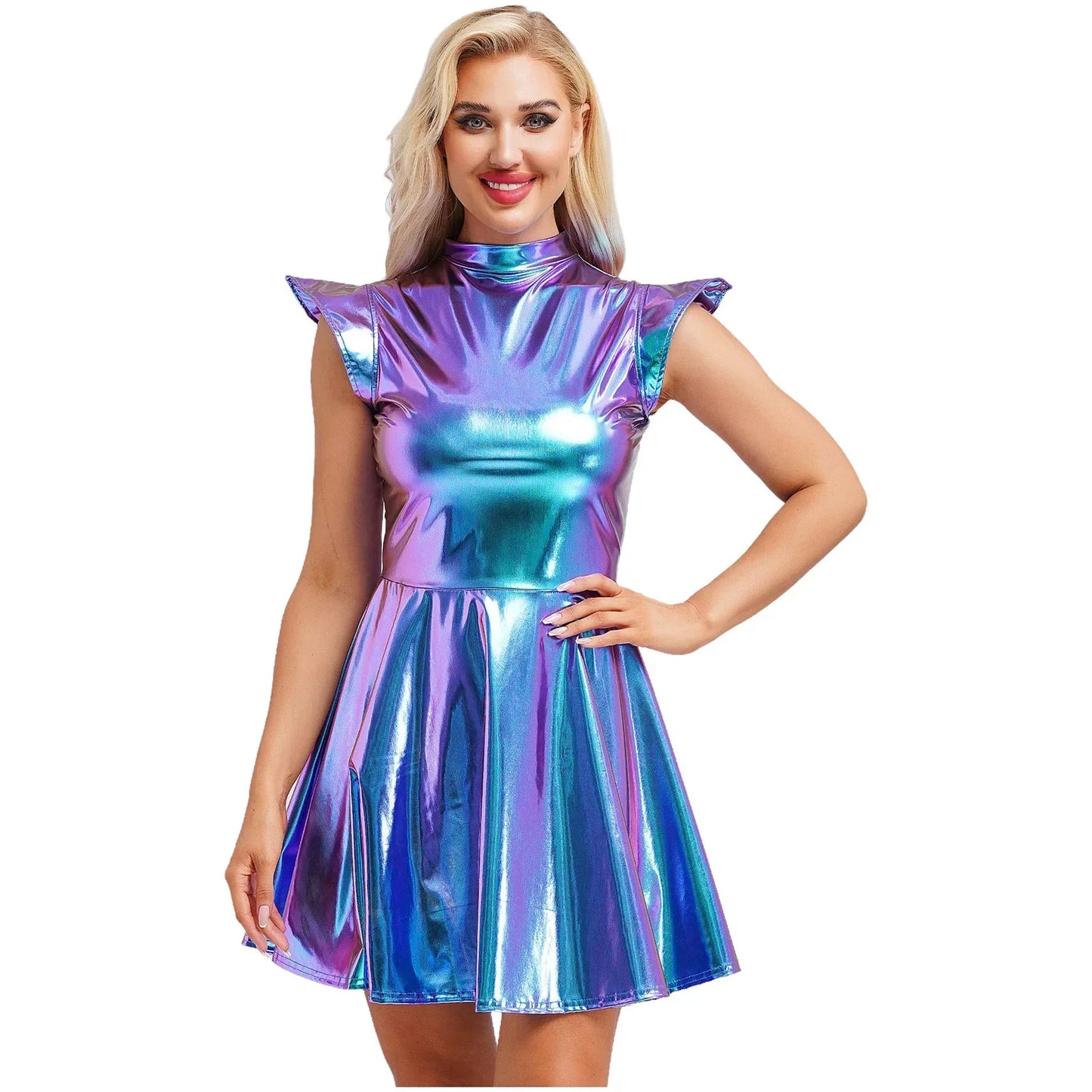 Womens Cocktail Dress Shiny Metallic Dress Alien Space Cap Sleeve High Waist A-line Dress for Halloween Party High Street Dress