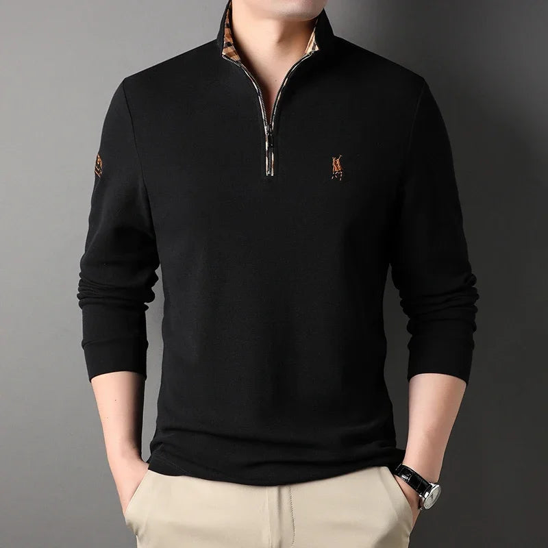 Luxury new Half Zipper Long Sleeve T-shirt 100% Cotton Brand Embroidered Stand Collar Men's Clothing Autumn Casual polo shirt