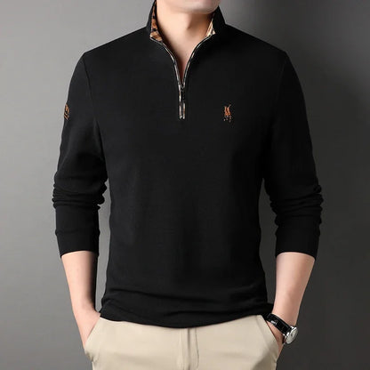 Luxury new Half Zipper Long Sleeve T-shirt 100% Cotton Brand Embroidered Stand Collar Men's Clothing Autumn Casual polo shirt