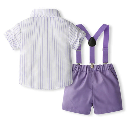 1-5Y Baby Boys Gentleman Outfit Stripe Print Short Sleeve Shirts +Bow Tie + Suspender Shorts Sets Kids Summer Clothes