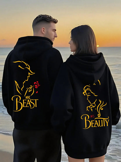 Romantic Theme Beauty and the Beast Couple Hoodies Men'S Women'S Separate Styles Pullover Casual Loose Fit Sweatshirt Hoodie Y2K