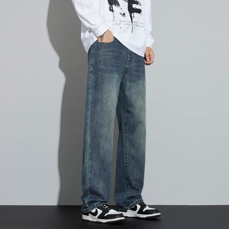 Korean Wide Legs Fleece Jeans Men's Winter Warm Thickened Velvet Loose Straight Casual Denim Pants Korean Fashion Trousers