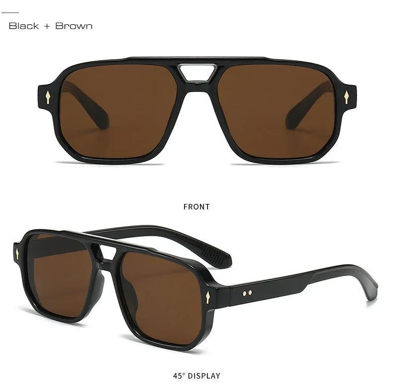 Vintage Double Bridges Men Square Sunglasses Fashion Green Ocean Lens UV400 Eyewear Women Trending Rivets Sun Glasses