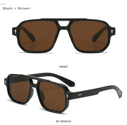 Vintage Double Bridges Men Square Sunglasses Fashion Green Ocean Lens UV400 Eyewear Women Trending Rivets Sun Glasses