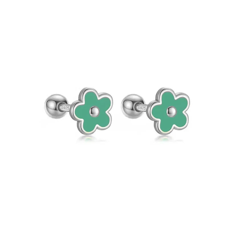925 Sterling Silver Romantic White Enamel Flower Screw Bead Stud Earrings for Women Fashion Simple Piercing Jewelry Gift