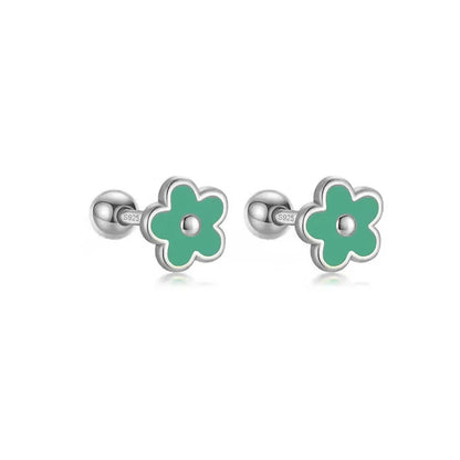 925 Sterling Silver Romantic White Enamel Flower Screw Bead Stud Earrings for Women Fashion Simple Piercing Jewelry Gift