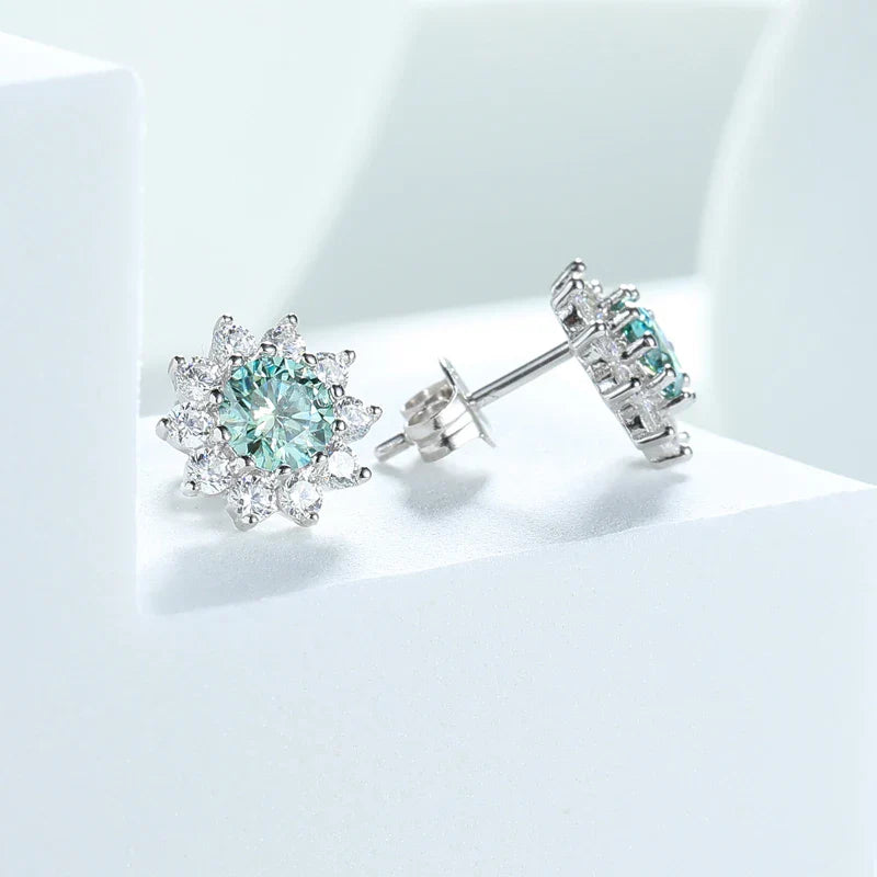 0.5CT 5MM Blue-green Moissanite Sunflower Stud Earrings Colorful Wedding Bride Brilliant Halo 925 Silver Luxury Ear Studs