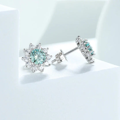 0.5CT 5MM Blue-green Moissanite Sunflower Stud Earrings Colorful Wedding Bride Brilliant Halo 925 Silver Luxury Ear Studs