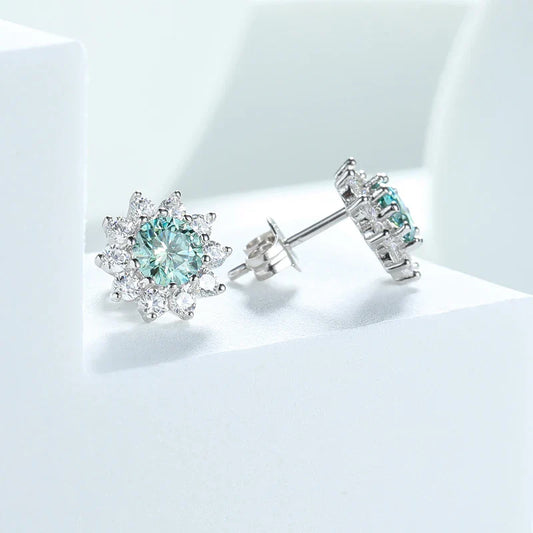 0.5CT 5MM Blue-green Moissanite Sunflower Stud Earrings Colorful Wedding Bride Brilliant Halo 925 Silver Luxury Ear Studs