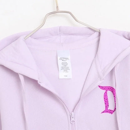Donald Duck Letter Diamonds Fleece Sweatshirt Jacket Unisex Women Hooded Zip Up Jumper Tops