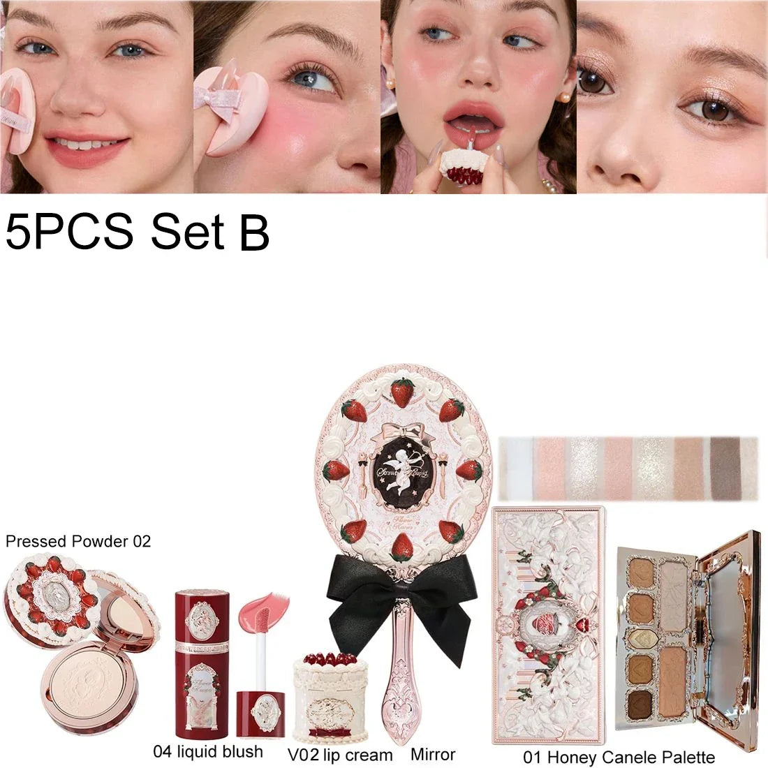 Flower Knows Strawberry Cupid Velvet Matte Lip Cream Pressed Powder Liquid Blush Set Long Lasting Lightweight Makeup
