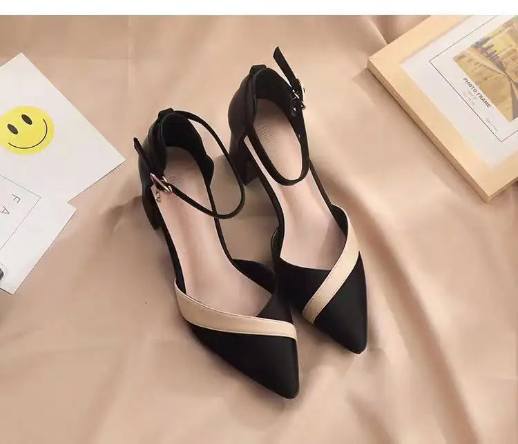 Sapatos femininos clássicos de salto quadrado bege bico fino para festa, senhoras, primavera, verão, fivela preta, couro PU, sapatilhas profissionais