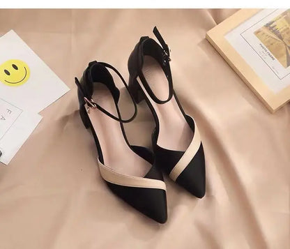 Sapatos femininos clássicos de salto quadrado bege bico fino para festa, senhoras, primavera, verão, fivela preta, couro PU, sapatilhas profissionais