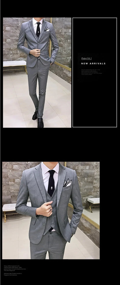 Suit (Blazer+vest+pants) Men's Fashion Business Korean Version of Solid Color Slim-fit Wedding Professional Gentleman Dress 6XL