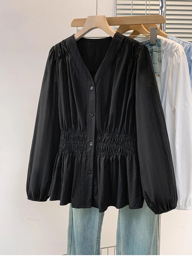 2026 V-neck Long Sleeved Plus Size Shirt Loose Pleated Ruffle Oversized Tops Ladies Chic Elegant Solid Versatile Blouse