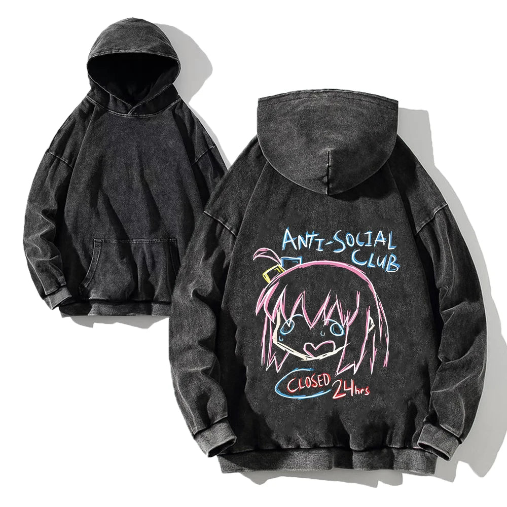 Men Acid Hoodies Bocchi The Rock Manga Top Print Vintage Pullover Casual Basis Long Sleeve Washed Hoodies