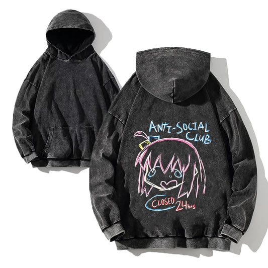 Men Acid Hoodies Bocchi The Rock Manga Top Print Vintage Pullover Casual Basis Long Sleeve Washed Hoodies