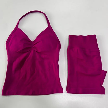 No Logo 2 Pieces Sports Set Workout Clothes Shorts Sets Gym Strappy Top Scrunch Shorts Yoga Clothing Gym Set