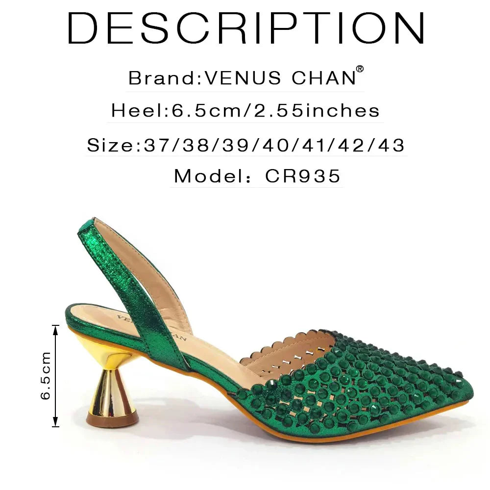 Mix Sapatos Femininos Salto Alto Bico Fino Designer Luxuoso Pedras Coloridas Festa Noturna Conjunto Combinando Sapatos e Bolsas