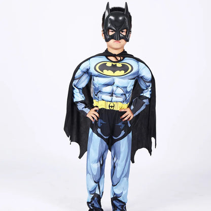 Kids Boys Muscle Costume with Mask Cloak Movie Character Superhero Cosplay Halloween Kids Bat Cosplay Jumpsuit Hero Costume Suit