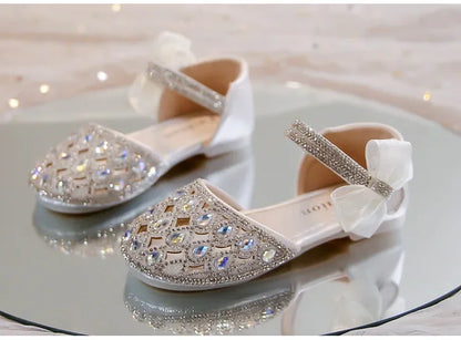 Girls Sandals Shiny Crystal Ins Trendy 2026 Summer New Kids Princess Shoes Mesh Lace Bows Girls Dance Shoes Elegant Hollowed-out