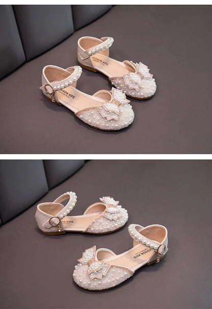 2026 Spring New Girl Sandals Cute Bow Pearl Sequins Kid Princess Shoes Flat Heels children Dancing 21-34