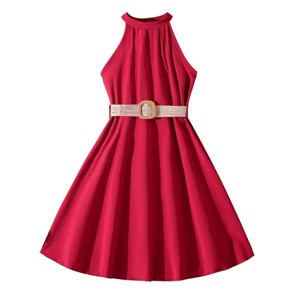 Elegant Summer Princess Dress for Teen Girls with Halter Neck and Off-Shoulder Children Sleeveless Casual Clothes with Belt