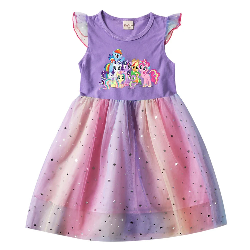 My Little Ponys Baby Girls Dress Children Cartoon Mesh Star Sequins Princess Dress Kids Flying Sleeve Skirt For Birthday Gift
