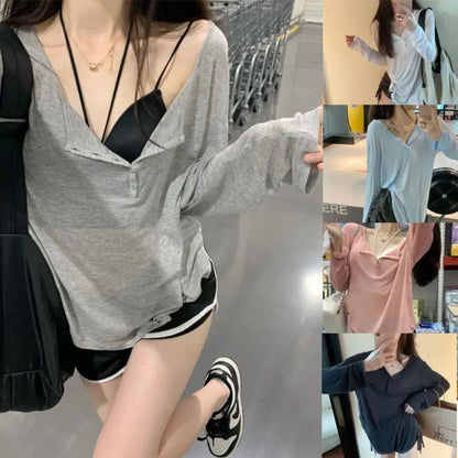 Korean Fashion Y2k Tank Top Long Sleeve V Collar Crop Top Button Sun Protection Frock Lady