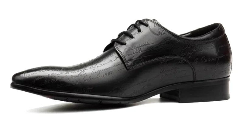 Stylish Letter-printed Men's Business Leather Shoes Korea Style Wedding Derby Shoes Lace-up Pointed Toe Dress Shoes Man Wine-red