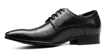 Stylish Letter-printed Men's Business Leather Shoes Korea Style Wedding Derby Shoes Lace-up Pointed Toe Dress Shoes Man Wine-red