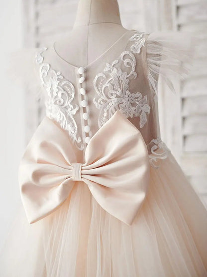 Communion Girl Dress Lace Appqulies Bodice Floor-length Skirt Puffy Dress with Long Train Formal Party Toddler Clothe