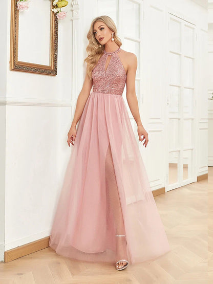 Elegant Sequins Evening Dress For Women 2025 Deep V-neck Tulle Prom Wedding Party Pink Floor Length Cocktail Gowns