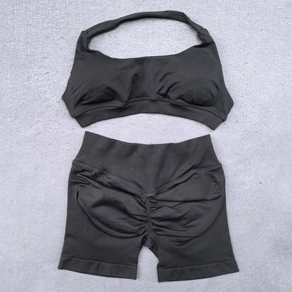 Shorts Set 2 Pieces Seamless Yoga Set Workout Tracksuit Women Halter Sport Bra And Low Waist Scrunch Bum Gym Shorts Suits